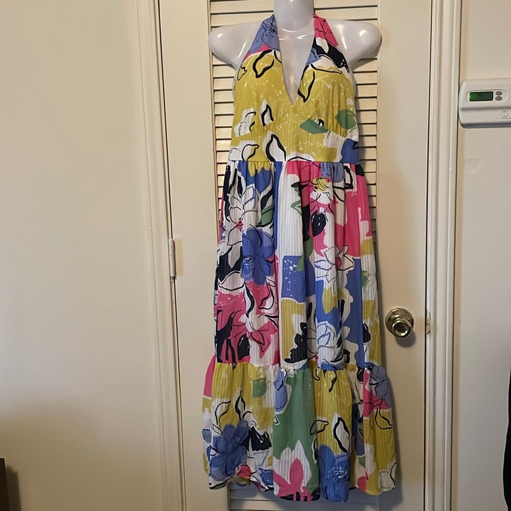 Ophelia Roe Colorful Floral Halter Sundress Empire Waist Women's Dress Size: S
